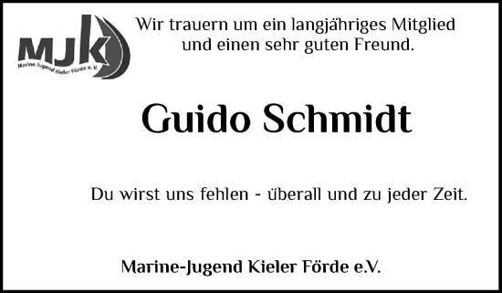 Traueranzeige von Guido Schmidt von Schleswig-Holsteinische Landeszeitung