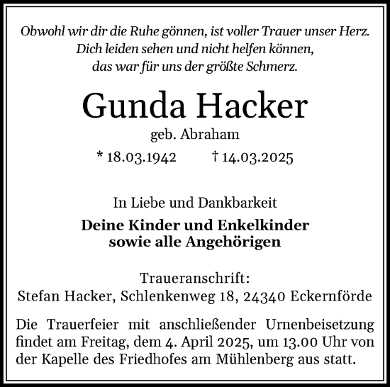 Traueranzeige von Gunda Hacker von Eckernförder Zeitung