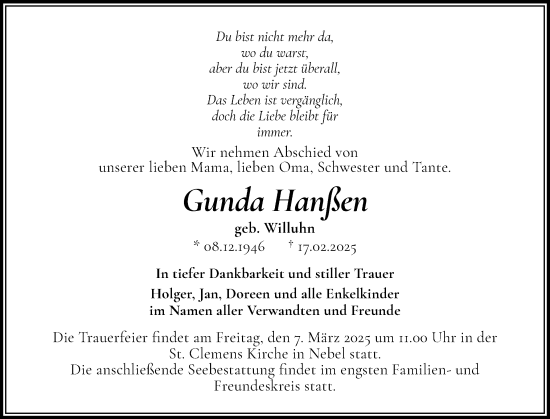 Traueranzeige von Gunda Hanßen von Der Insel-Bote