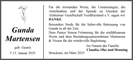 Traueranzeige von Gunda Martensen von Husumer Nachrichten, Nordfriesland Tageblatt