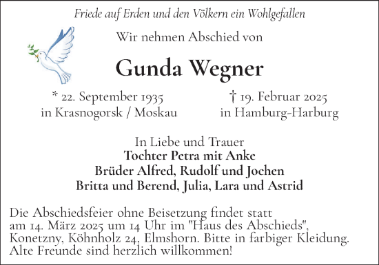 Traueranzeige von Gunda Wegner von Elmshorner Nachrichten, Barmstedter Zeitung