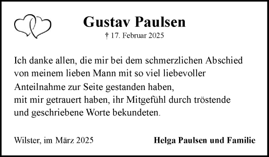 Traueranzeige von Gustav Paulsen von Norddeutsche Rundschau, Wilstersche Zeitung, Glückstädter Fortuna