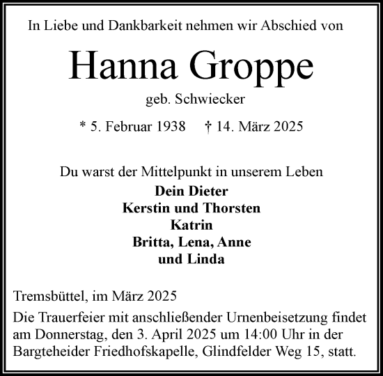 Traueranzeige von Hanna Groppe von MARKT Ahrensburg/Bargteheide/Trittau und Stormarner Tageblatt