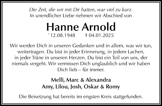 Traueranzeige von Hanne Arnold von Umschau