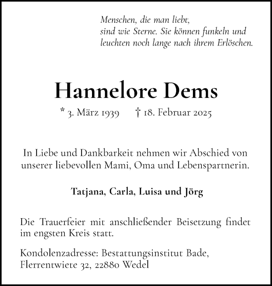 Traueranzeige von Hannelore Dems von Wedel-Schulauer Tageblatt, tip Wedel-Schulauer Tageblatt, tip Rissener Rundschau
