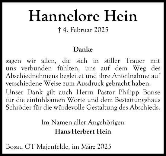 Traueranzeige von Hannelore Hein von Ostholsteiner Anzeiger