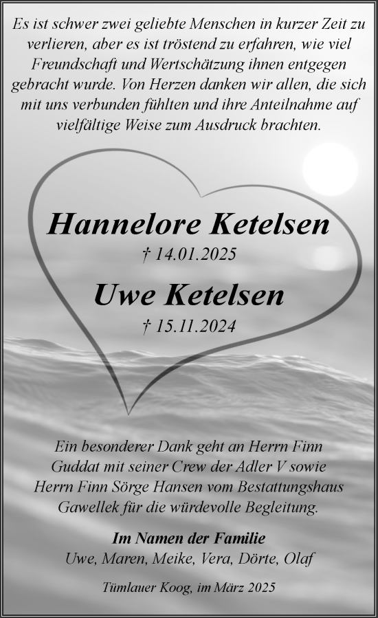 Traueranzeige von Hannelore Ketelsen von Husumer Nachrichten, Nordfriesland Tageblatt
