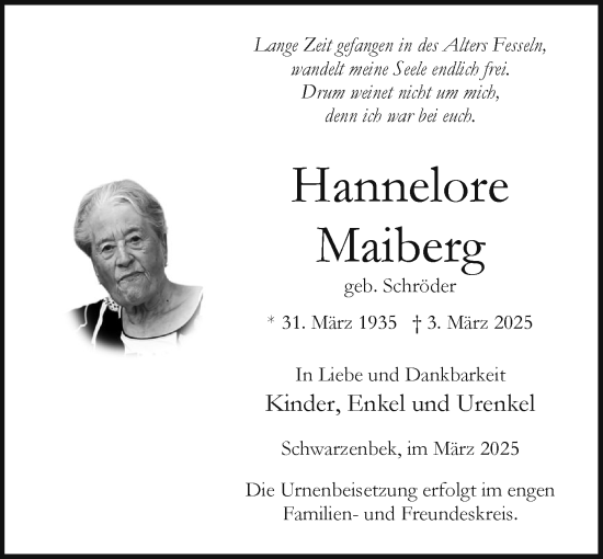 Traueranzeige von Hannelore Maiberg von Wochenend Anzeiger