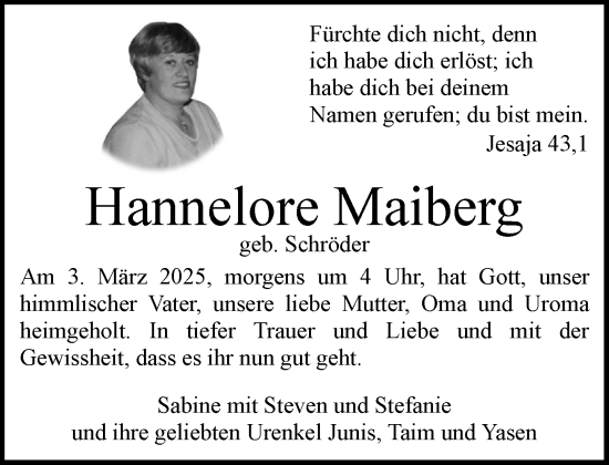Traueranzeige von Hannelore Maiberg von Wochenend Anzeiger