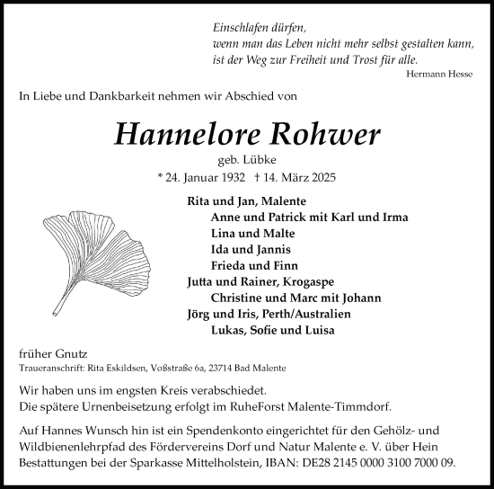 Traueranzeige von Hannelore Rohwer von Schleswig-Holsteinische Landeszeitung