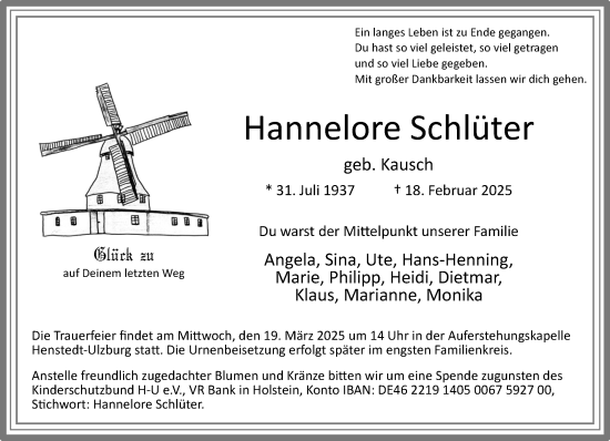 Traueranzeige von Hannelore Schlüter von Umschau