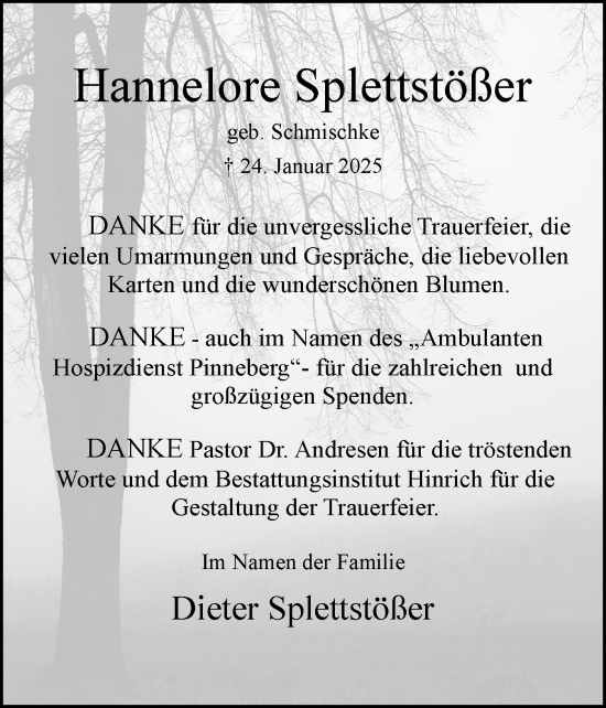 Traueranzeige von Hannelore Splettstößer von Region Pinneberg und tip Pinneberg