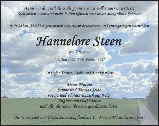 Traueranzeige von Hannelore Steen von MARKT Bad Oldesloe/Reinfeld und Stormarner Tageblatt