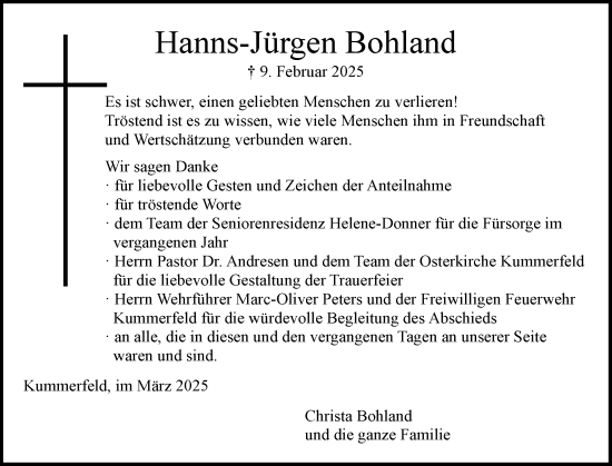 Traueranzeige von Hanns-Jürgen Bohland von Region Pinneberg und tip Pinneberg