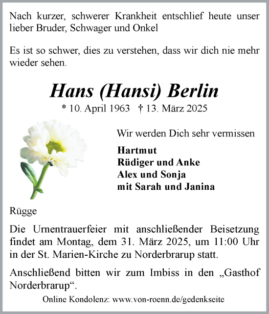 Traueranzeige von Hans  Berlin von Schleswiger Nachrichten, Schlei-Bote