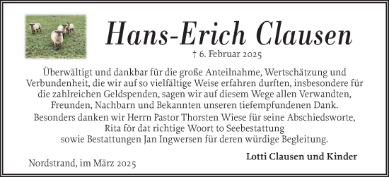 Traueranzeige von Hans-Erich Clausen von Husumer Nachrichten, Nordfriesland Tageblatt