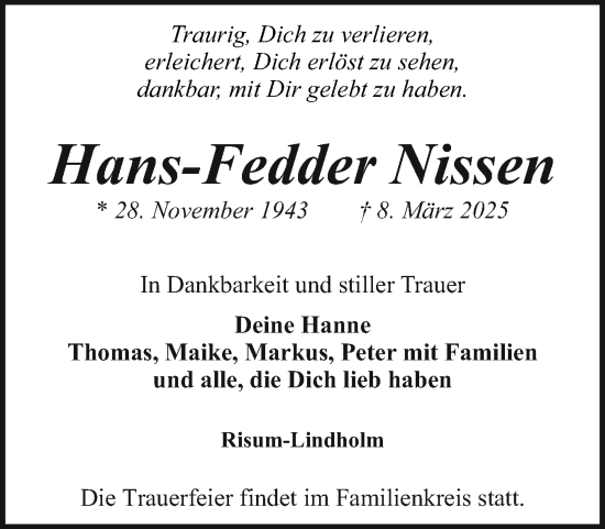 Traueranzeige von Hans-Fedder Nissen von Husumer Nachrichten, Nordfriesland Tageblatt