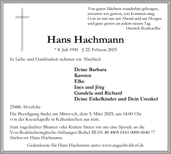 Traueranzeige von Hans Hachmann von Umschau