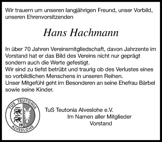 Traueranzeige von Hans Hachmann von Umschau