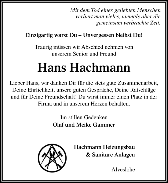 Traueranzeige von Hans Hachmann von Umschau