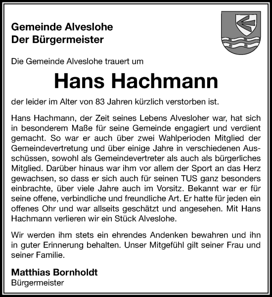 Traueranzeige von Hans Hachmann von Umschau