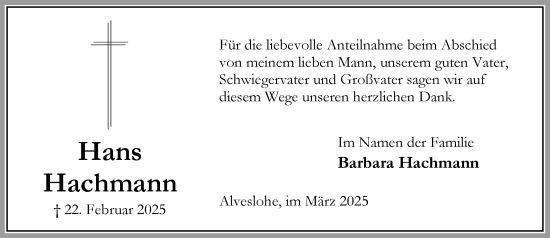 Traueranzeige von Hans Hachmann von Umschau