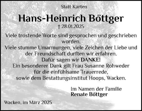 Traueranzeige von Hans-Heinrich Böttger von Norddeutsche Rundschau, Wilstersche Zeitung, Glückstädter Fortuna
