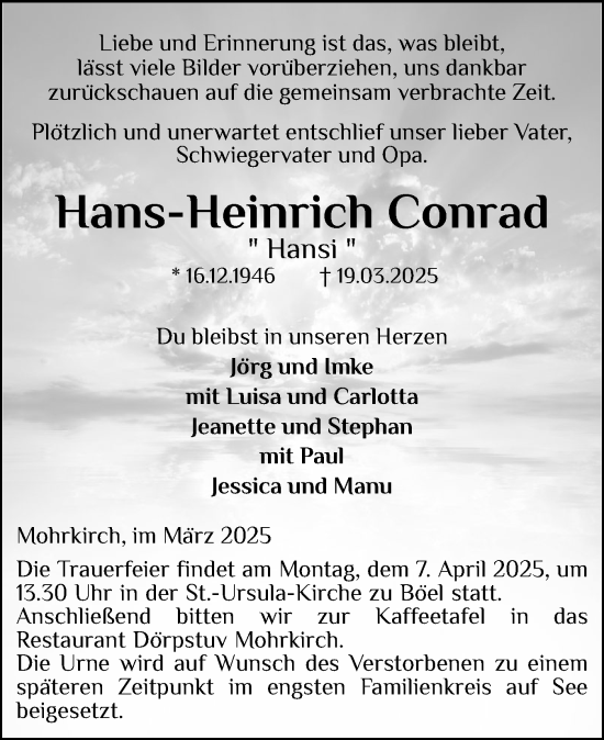 Traueranzeige von Hans-Heinrich Conrad von Flensburger Tageblatt, Schleswiger Nachrichten, Schlei-Bote