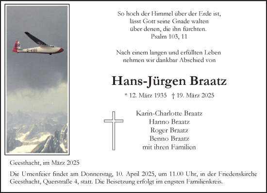 Traueranzeige von Hans-Jürgen Braatz von Wochenend Anzeiger