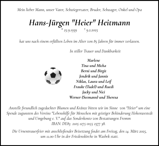 Traueranzeige von Hans-Jürgen Heitmann von Holsteinischer Courier