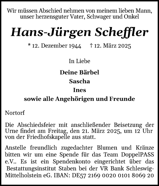 Traueranzeige von Hans-Jürgen Scheffler von Schleswig-Holsteinische Landeszeitung