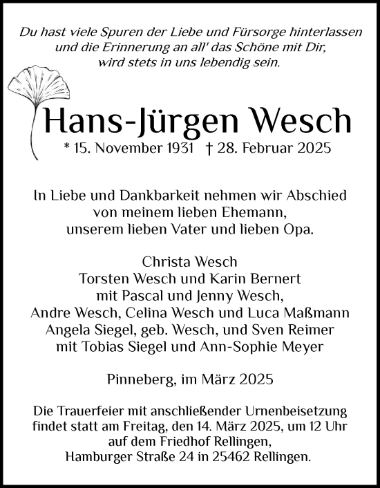 Traueranzeige von Hans-Jürgen Wesch von Region Pinneberg und tip Pinneberg