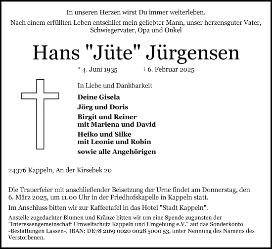 Traueranzeige von Hans Jürgensen von Schleswiger Nachrichten, Schlei-Bote
