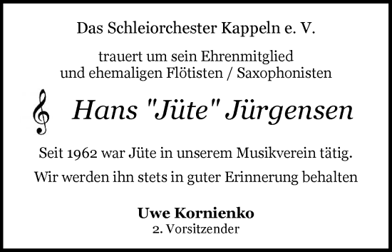 Traueranzeige von Hans Jürgensen von Schleswiger Nachrichten, Schlei-Bote
