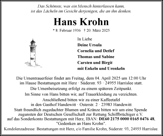 Traueranzeige von Hans Krohn von Flensburger Tageblatt