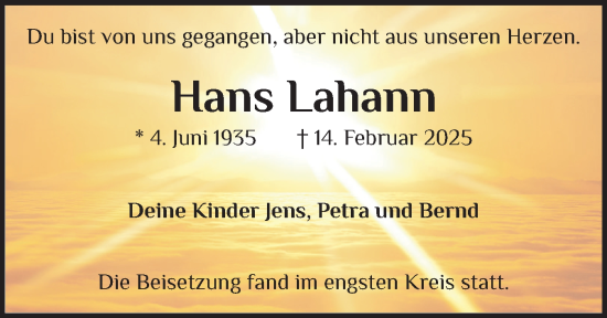 Traueranzeige von Hans Lahann von Norddeutsche Rundschau, Wilstersche Zeitung, Glückstädter Fortuna