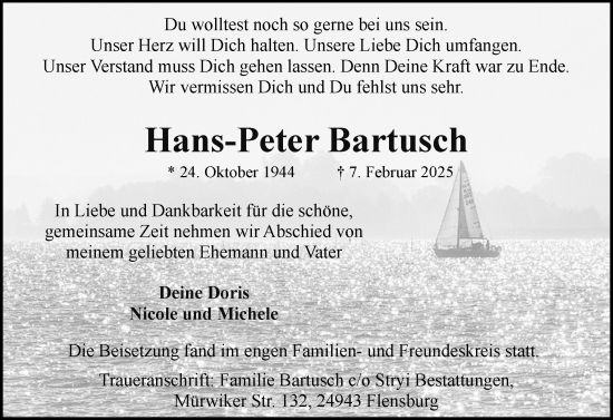 Traueranzeige von Hans-Peter Bartusch von Flensburger Tageblatt