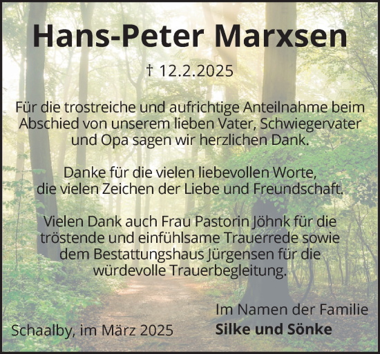 Traueranzeige von Hans-Peter Marxsen von Schleswiger Nachrichten, Schlei-Bote