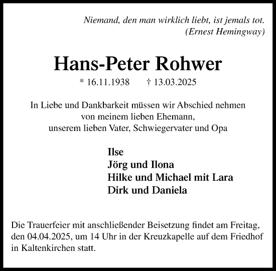 Traueranzeige von Hans-Peter Rohwer von Umschau