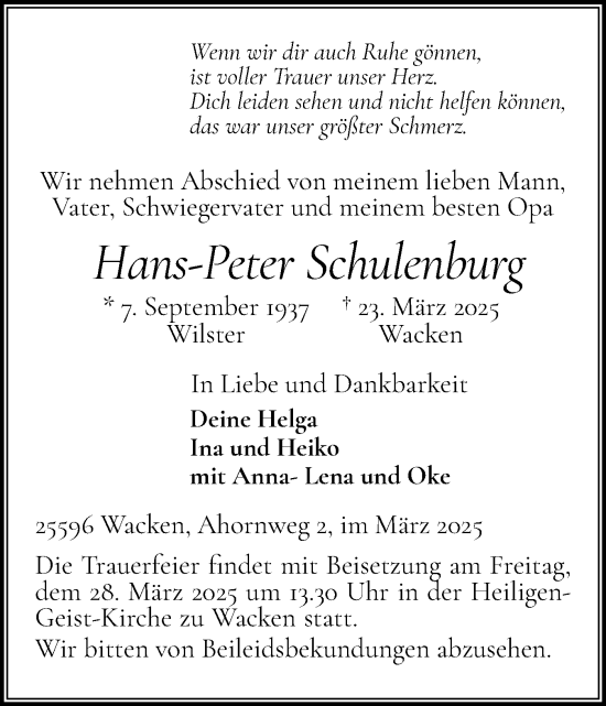 Traueranzeige von Hans-Peter Schulenburg von Norddeutsche Rundschau, Wilstersche Zeitung, Glückstädter Fortuna