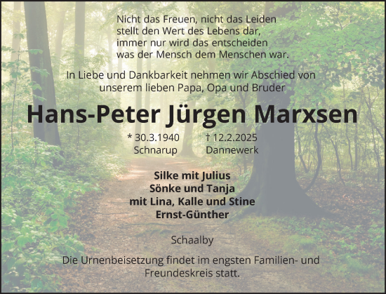 Traueranzeige von Hans-Peter Jürgen Marxsen von Schleswiger Nachrichten, Schlei-Bote