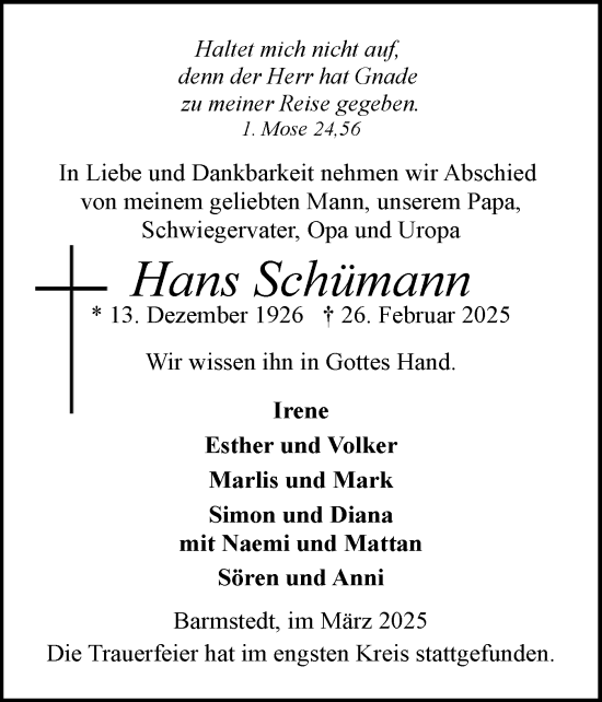 Traueranzeige von Hans Schümann von Elmshorner Nachrichten, Barmstedter Zeitung