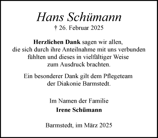 Traueranzeige von Hans Schümann von Elmshorner Nachrichten, Barmstedter Zeitung