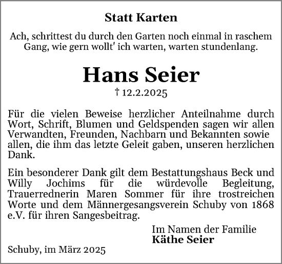Traueranzeige von Hans Seiler von Husumer Nachrichten, Nordfriesland Tageblatt