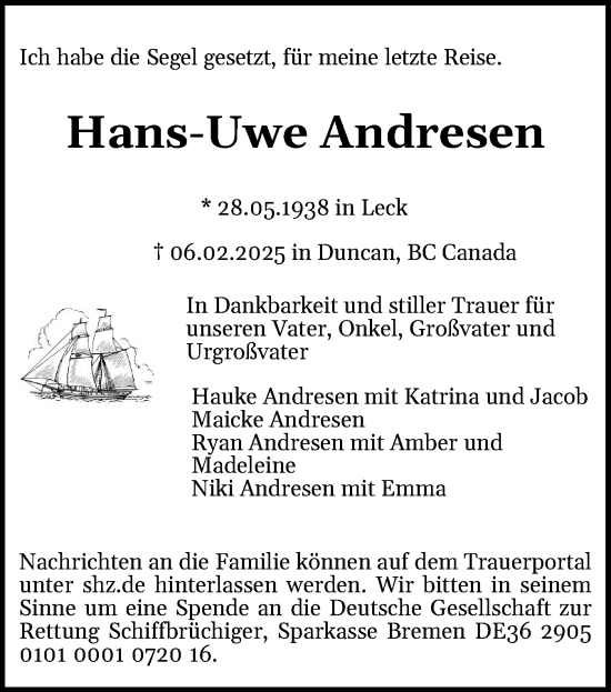 Traueranzeige von Hans-Uwe Andresen von Husumer Nachrichten, Nordfriesland Tageblatt