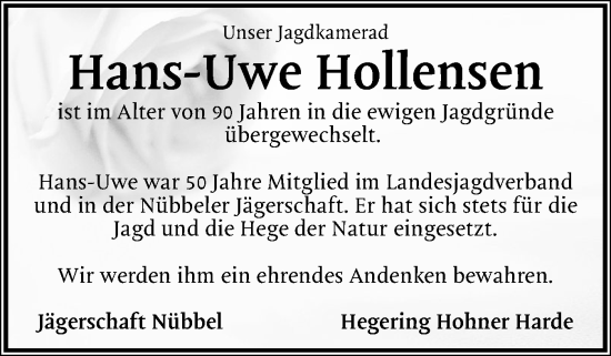 Traueranzeige von Hans-Uwe Hollensen von Schleswig-Holsteinische Landeszeitung