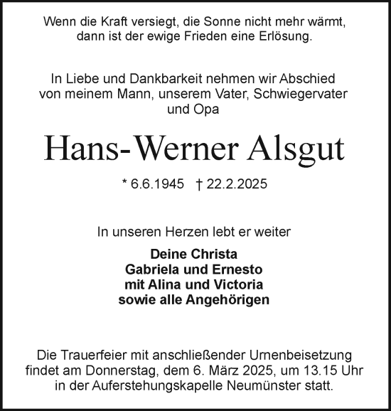 Traueranzeige von Hans-Werner Alsgut von Holsteinischer Courier