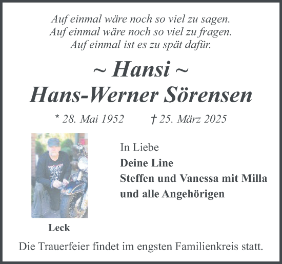 Traueranzeige von Hans-Werner Sörensen von Husumer Nachrichten, Nordfriesland Tageblatt