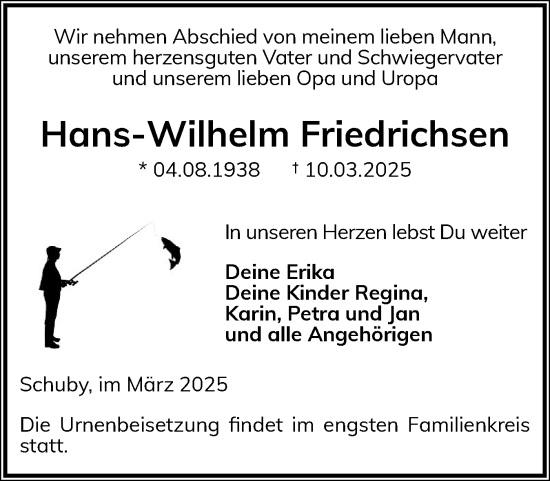 Traueranzeige von Hans-Wilhelm Friedrichsen von Schleswiger Nachrichten, Schlei-Bote