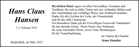 Traueranzeige von Hans Claus Hansen von Schleswig-Holsteinische Landeszeitung